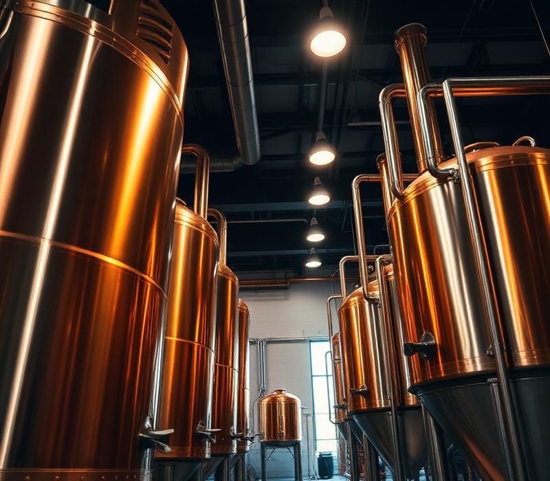 Copper fermentation tanks in the brewery